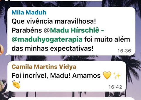 Mensagens no grupo da jornada: 'Que vivência maravilhosa! Foi muito além das minhas expectativas!' e 'Foi incrível, Madu! Amamos.'